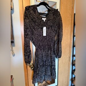 Veronica M Black and Gray Paisley Long Sleeve Dress
